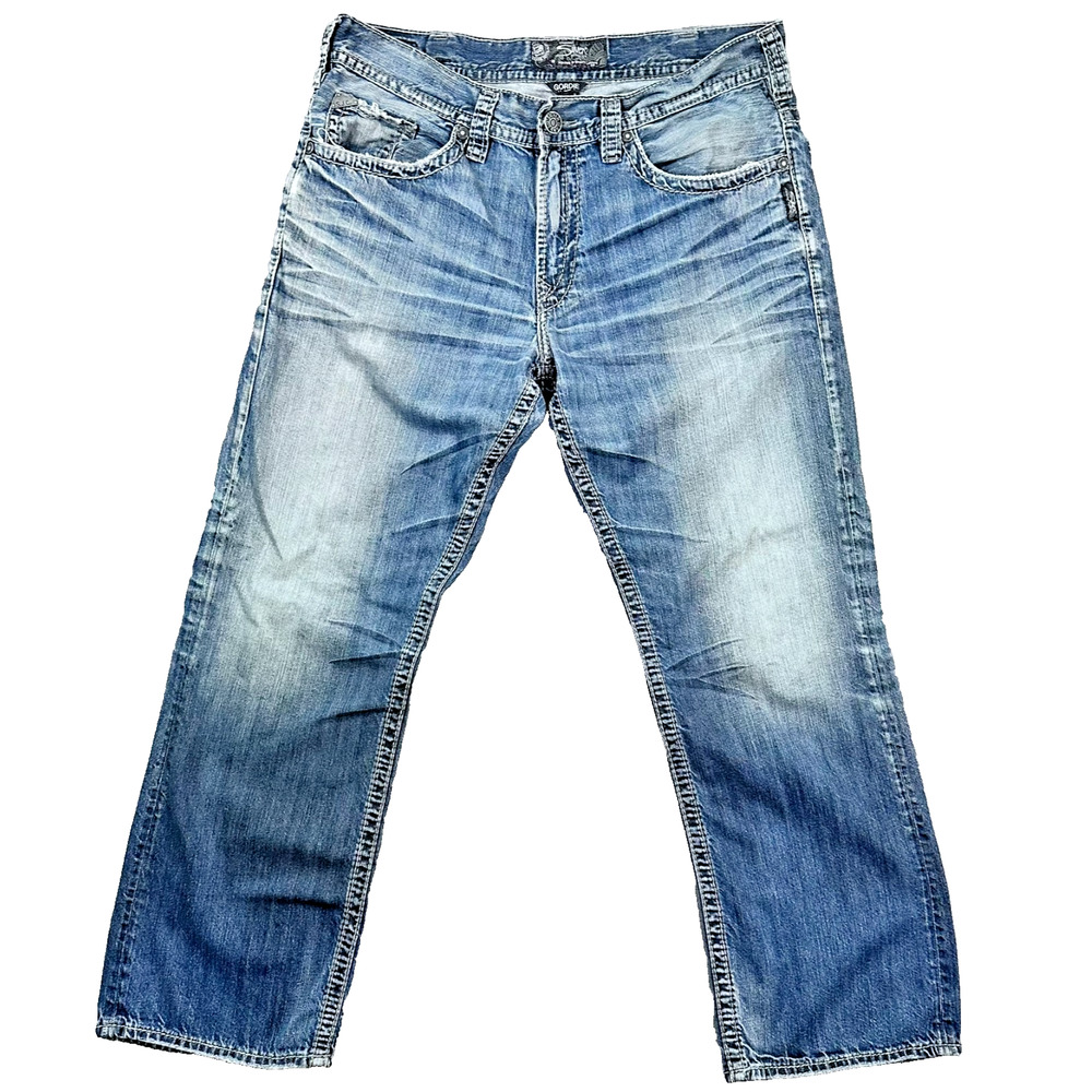 Mens Silver Gordie Jeans 36x32 Thick Stich Embroidered Dark Wash Distressed y2k